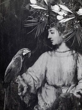 Alt gegen Neu | Das Bild einer Frau mit Papagei und Blumen auf dem Kopf von Wil Vervenne