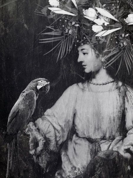 Old versus New | An image of a woman with parrot and flowers on her head by Wil Vervenne