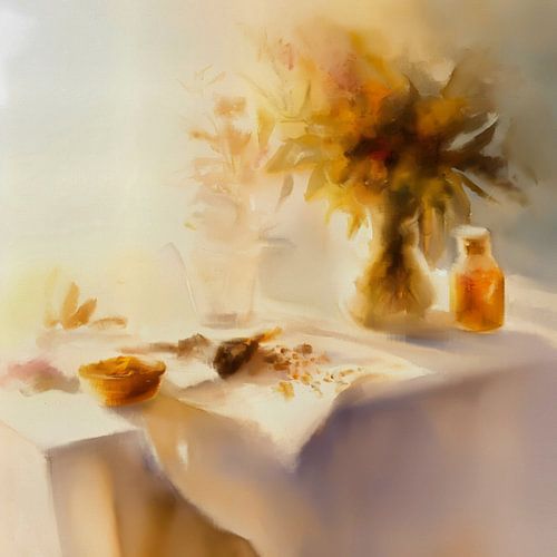 Stilleven met bloemen, noten en olie in het ochtendgloren