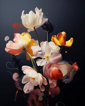 Explosion de fleurs avec de la peinture sur un fond sombre sur Carla Van Iersel