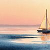 Segelboot bei Sonnenuntergang - Aquarell in sanften Pastellfarben von Peter Pen Zeichnungen und Gemälde