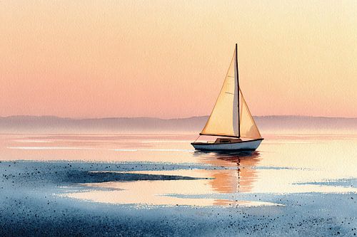 Zeilboot bij zonsondergang – aquarel schilderij in zachte pastelkleuren