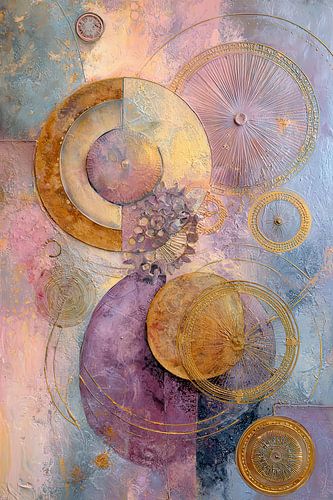 Lila paars abstract schilderij met gouden cirkels