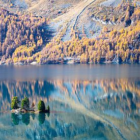 Herfst reflecties in een bergmeer van Menno van der Haven