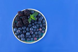 Brombeeren auf einem blauen Teller vor einem blauen Hintergrund von Ans van Heck