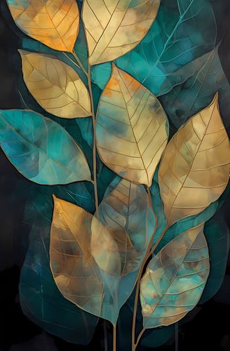 grüne und orange Blätter vor dunklem Hintergrund von Digital Art Waves