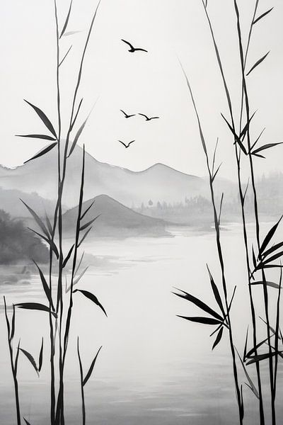 Paysage tranquille avec des bambous et des oiseaux par Poster Art Shop