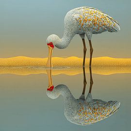 Goldener Löffler | Figurative Naturkunst mit perfekter Spiegelung von KRAB