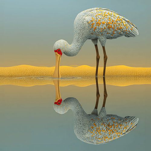 Golden Spoonbill | Figurative Nature Art with Perfect Reflection