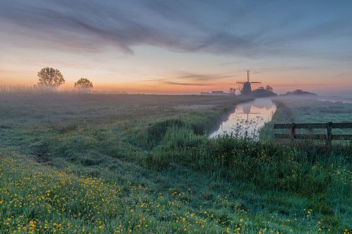 Typische Hollandse lenteochtend met molen De Havik in een decor van een met mist bedekt weiland aan het einde van de dijk