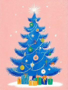 Blauwe kerstboom vol licht en kleur