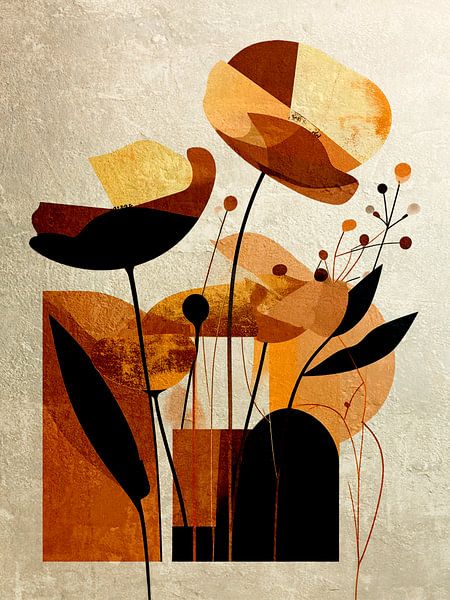 Abstract Botanical: Flowers in Black, Brown and Gold -1 by Studio Pieternel
