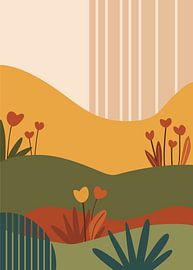 Minimalistische vectorillustratie van een bloemrijke weide met glooiende heuvels in warme herfsttinten.