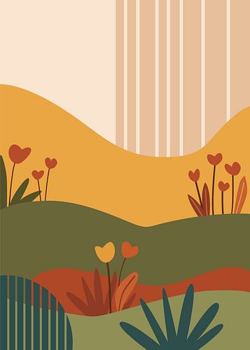 Minimalistische vectorillustratie van een bloemrijke weide met glooiende heuvels in warme herfsttinten.