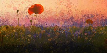 Splatter IV Zonsondergang over een veld met klaprozen | Abstract schilderij veld met klaprozen van MadameRuiz