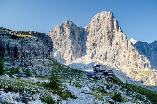 Mountain hut Rifugio Brentei in the Dolomites of the Brenta Massif