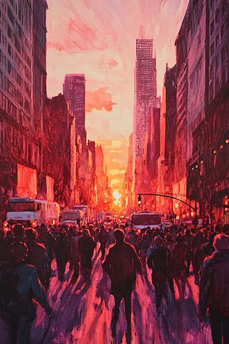 Drukke stadsstraat bij zonsondergang