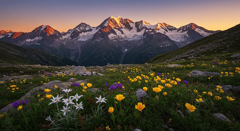 Sea of flowers in front of glowing mountain peaks by ButterflyPix
