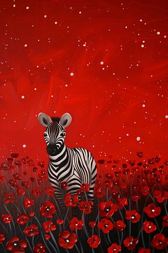 Surrealistisch schilderij van zebra in bloemenveld