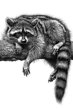 Slapende wasbeer op boomstam Vintage Vintage lijntekening