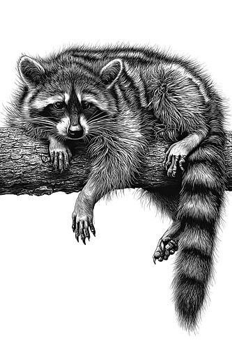 Slapende wasbeer op boomstam Vintage Vintage lijntekening