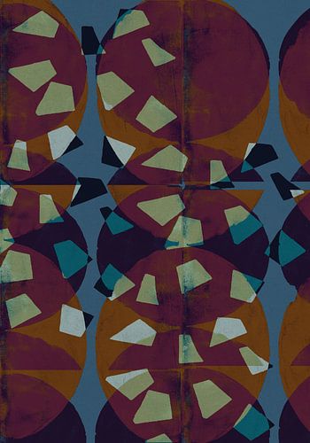 Abstracte vormen in paars, oker, blauw en geel, Retro living.