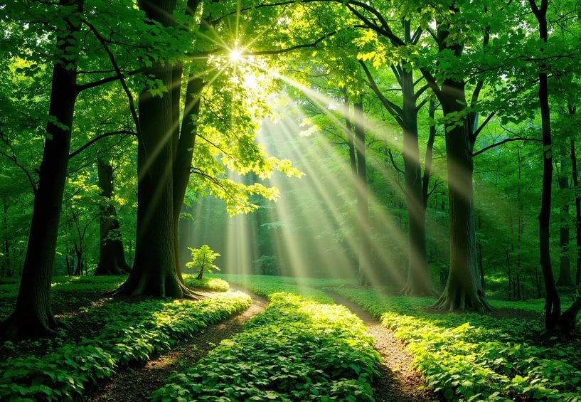 Sonnenbeschienener Waldweg mit dichtem grünen Unterwuchs von Markus Gann