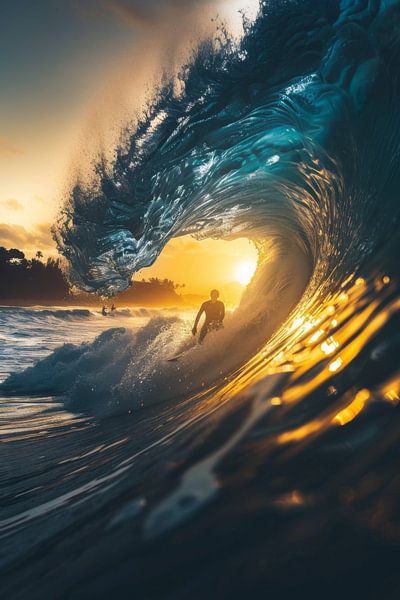 Surfer in de zonsondergang van Poster Art Shop
