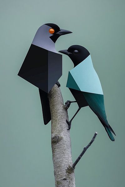 Symphonie de formes et de couleurs | Deux oiseaux sur une branche par Karina Brouwer