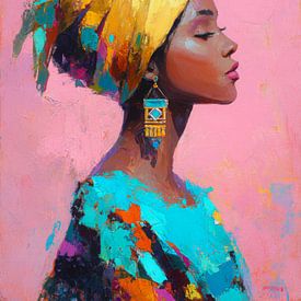 Porträt einer Frau mit gelbem Kopftuch - ausdrucksstarke moderne Kunst voller Farbe und Kraft von But First Framing