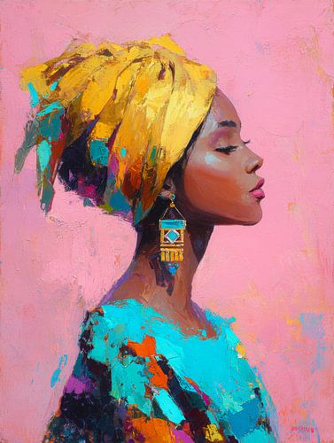 Porträt einer Frau mit gelbem Kopftuch - ausdrucksstarke moderne Kunst voller Farbe und Kraft