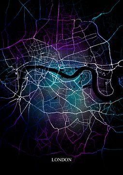 London - Abstrakte Karte in Schwarz-Violett-Blau von Art By Dominic