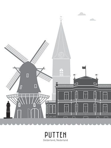 Skyline illustratie Putten zwart-wit-grijs