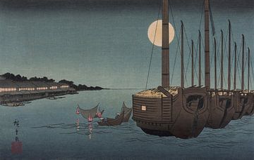 Fukeiga. Hiroshige. Japanse kunst Ukiyo-e landschap met zeilboten. van Dina Dankers
