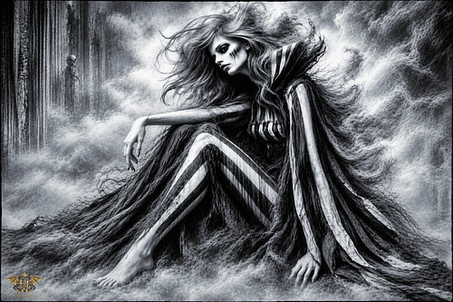 Gothic Fantasy Kunstdruck – Düstere Schönheit im Nebel (Schwarz-Weiß)