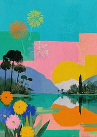 Abstrakte Landschaft mit Feuerwerk und Bergen von Niklas Maximilian