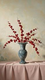 classical still life with a vase of red berries on a pastel background