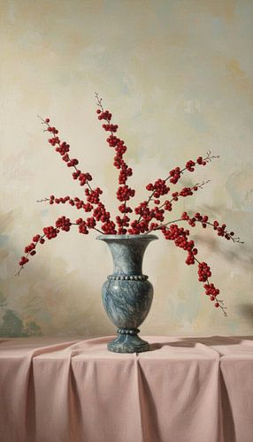 Klassisches Stillleben mit Vase mit roten Beeren auf pastellfarbenem Hintergrund von ChrisWillemsen