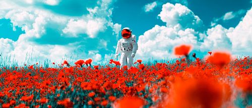 Astronaut in een klaprozenveld onder blauwe wolken