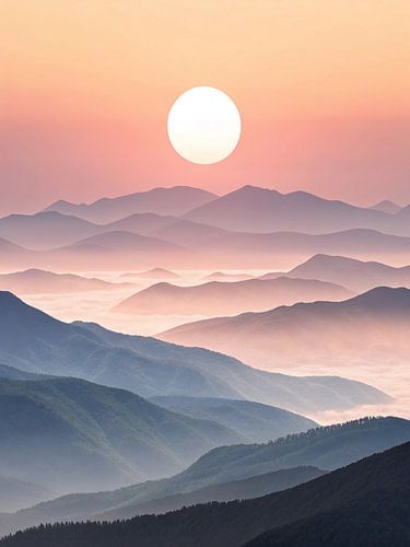 Mistige bergsereniteit: Een levendige zonsopgang over gelaagde bergtoppen en etherische mist