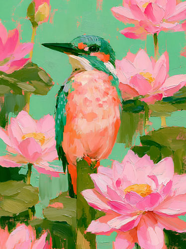 Eisvogel zwischen rosa Seerosen von But First Framing