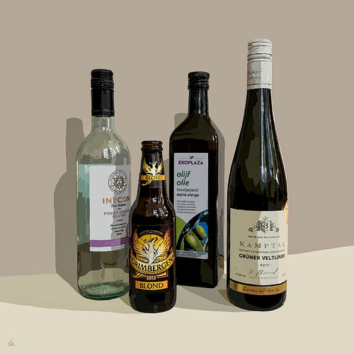 Still life of four empty bottles