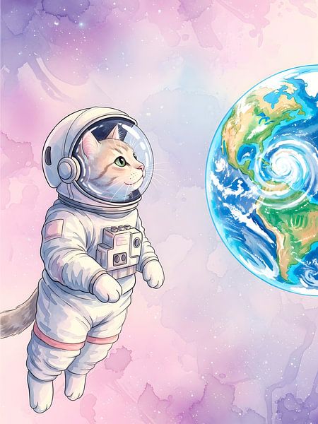 Skurriler Katzen-Astronaut bewundert den Planeten Erde&#039;s kosmisches Aquarell von HASANUL FAUZIE