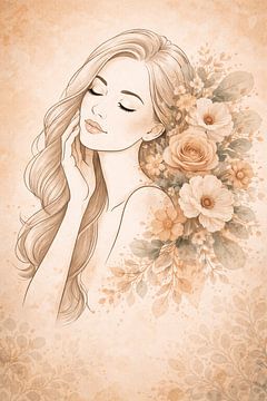 Serene Bloom – Portrait féminin floral au trait dans des tons neutres chauds sur Mister Gobers
