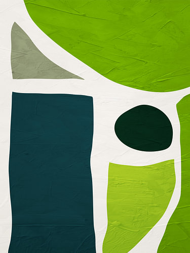 Minimalist abstract art featuring organic shapes in shades of green, nature.