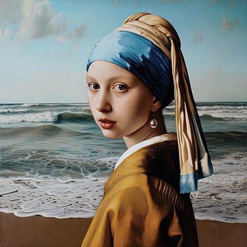 La jeune fille à la perle de Vermeer sur la plage sur Vlindertuin Art