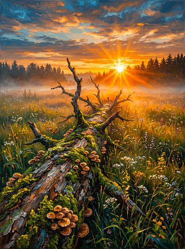 Gouden zonsopgang boven een weide vol wilde bloemen – Sfeervol landschapsschilderij in olieverf