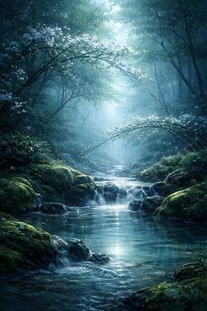 Kunstwerk „Der verzauberte Wald am Fluss im Mondlicht“