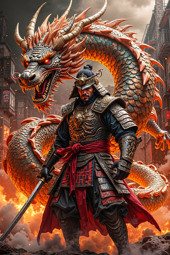 Dark Fantasy Décoration Murale: KAZENRYU - Un samouraï avec son puissant dragon sur INFERAURUM - Dark Fantasy Wall Art
