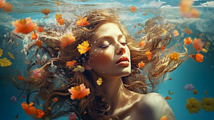 Porträt eines Mädchens mit Blumen im Frühling unter Wasser